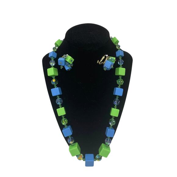 Vendome Vintage Lucite and Crystal Demi-Parure Cubist MCM Signed Green and Blue - Picture 1 of 16